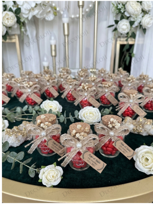 Jüt İp Süslemeli Alyans Baskılı Cam Kavanoz & Kırmızı Kalp Şeker Hediyelik