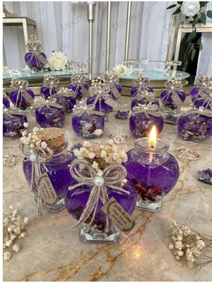 Jüt İp Süslemeli Kalp Şekilli Cam Kavanoz & Mor Jel Mum Hediyelik