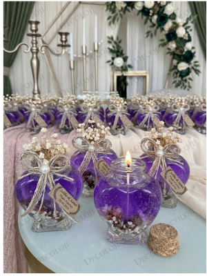 Jüt İp Süslemeli Kalp Şekilli Cam Kavanoz & Mor Jel Mum Hediyelik