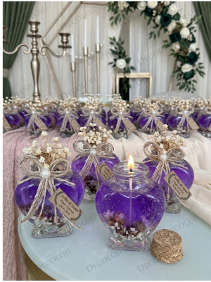 Jüt İp Süslemeli Kalp Şekilli Cam Kavanoz & Mor Jel Mum Hediyelik