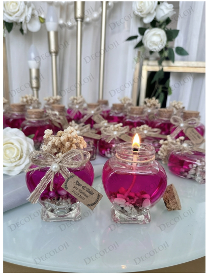 Nikah Şekeri - Jüt İp Süslemeli Kalp Şekilli Cam Kavanoz & Pembe Jel Mum Hediyelik