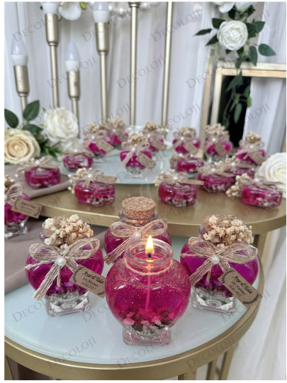 Nikah Şekeri - Jüt İp Süslemeli Kalp Şekilli Cam Kavanoz & Pembe Jel Mum Hediyelik