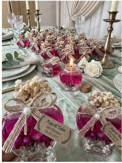 Nikah Şekeri - Jüt İp Süslemeli Kalp Şekilli Cam Kavanoz & Pembe Jel Mum Hediyelik