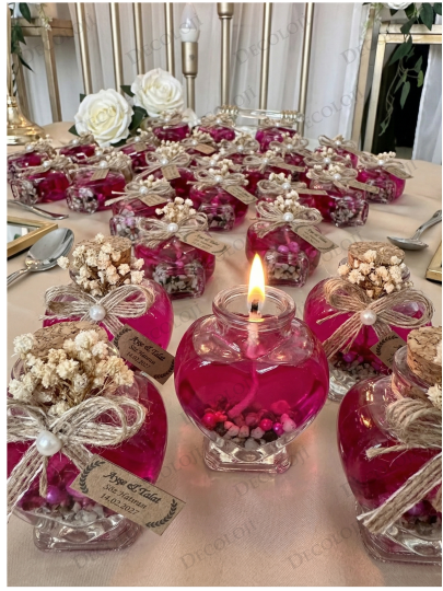 Nikah Şekeri - Jüt İp Süslemeli Kalp Şekilli Cam Kavanoz & Pembe Jel Mum Hediyelik