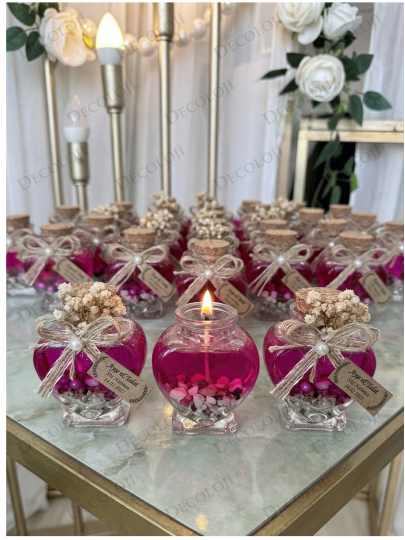 Nikah Şekeri - Jüt İp Süslemeli Kalp Şekilli Cam Kavanoz & Pembe Jel Mum Hediyelik