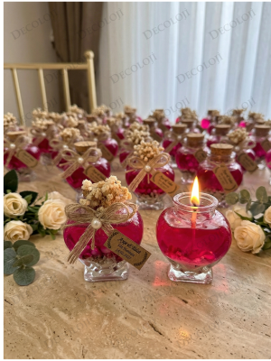 Jüt İp Süslemeli Kalp Şekilli Cam Kavanoz & Pembe Jel Mum Hediyelik