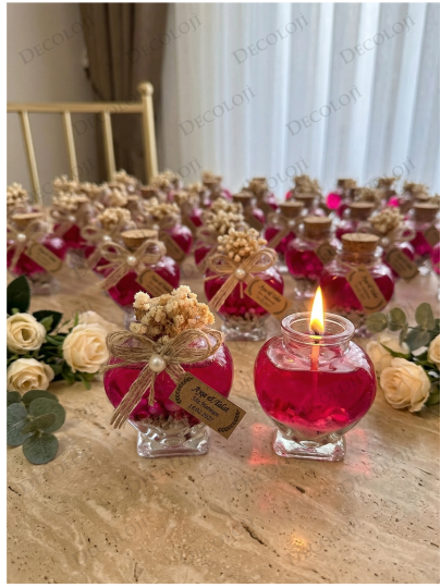 Nikah Şekeri - Jüt İp Süslemeli Kalp Şekilli Cam Kavanoz & Pembe Jel Mum Hediyelik