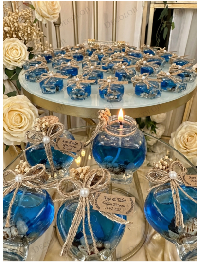 Nikah Şekeri - Jüt İp Süslemeli Kalp Şekilli Cam Kavanoz & Mavi Jel Mum Hediyelik