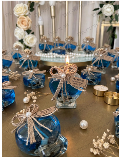 Nikah Şekeri - Jüt İp Süslemeli Kalp Şekilli Cam Kavanoz & Mavi Jel Mum Hediyelik