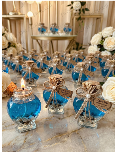 Nikah Şekeri - Jüt İp Süslemeli Kalp Şekilli Cam Kavanoz & Mavi Jel Mum Hediyelik