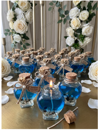 Nikah Şekeri - Jüt İp Süslemeli Kalp Şekilli Cam Kavanoz & Mavi Jel Mum Hediyelik