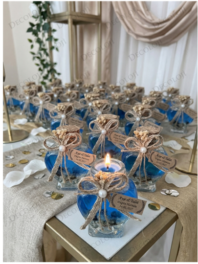 Nikah Şekeri - Jüt İp Süslemeli Kalp Şekilli Cam Kavanoz & Mavi Jel Mum Hediyelik