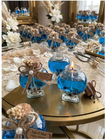 Nikah Şekeri - Jüt İp Süslemeli Kalp Şekilli Cam Kavanoz & Mavi Jel Mum Hediyelik