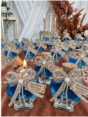 Jüt İp Süslemeli Kalp Şekilli Cam Kavanoz & Mavi Jel Mum Hediyelik