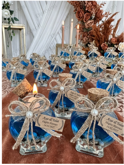 Nikah Şekeri - Jüt İp Süslemeli Kalp Şekilli Cam Kavanoz & Mavi Jel Mum Hediyelik