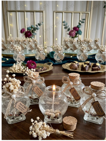 Nikah Şekeri - Jüt İp Süslemeli Kalp Şekilli Cam Kavanoz & Şeffaf Jel Mum Hediyelik