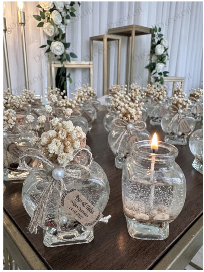 Nikah Şekeri - Jüt İp Süslemeli Kalp Şekilli Cam Kavanoz & Şeffaf Jel Mum Hediyelik