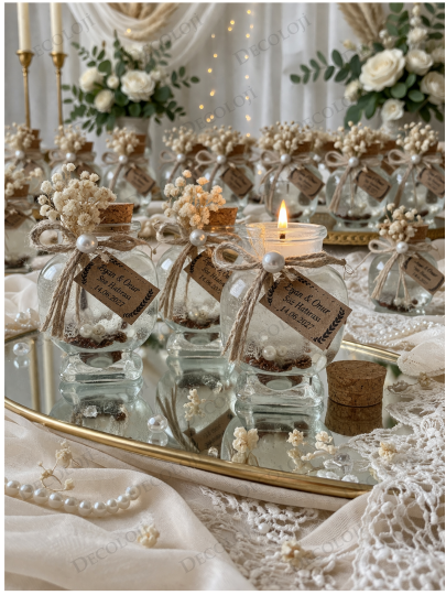 Nikah Şekeri - Jüt İp Süslemeli Kalp Şekilli Cam Kavanoz & Şeffaf Jel Mum Hediyelik