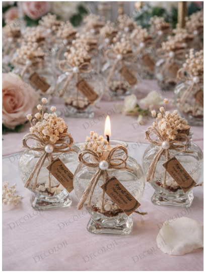 Nikah Şekeri - Jüt İp Süslemeli Kalp Şekilli Cam Kavanoz & Şeffaf Jel Mum Hediyelik