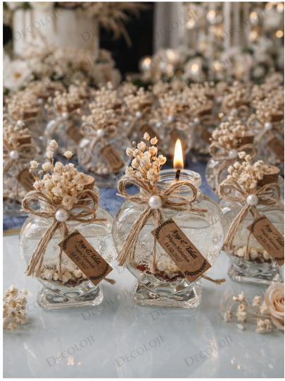 Nikah Şekeri - Jüt İp Süslemeli Kalp Şekilli Cam Kavanoz & Şeffaf Jel Mum Hediyelik