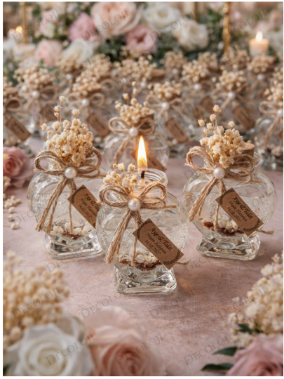 Nikah Şekeri - Jüt İp Süslemeli Kalp Şekilli Cam Kavanoz & Şeffaf Jel Mum Hediyelik