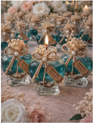 Jüt İp Süslemeli Kalp Şekilli Cam Kavanoz & Yeşil Jel Mum Hediyelik