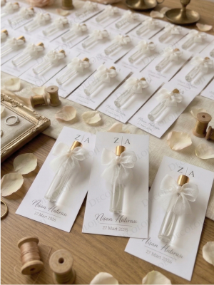 Nopeli Kurdele Süslemeli Sprey Kapaklı Cam Şişe Şeffaf Kolonya & Kart Hediyelik