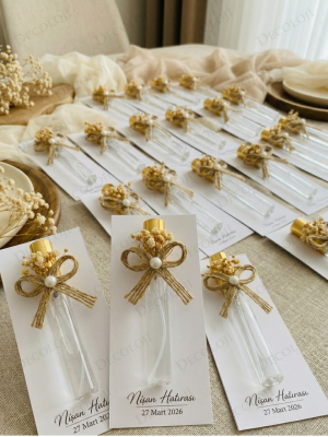 Jüt İp ve Kuru Çiçek Süslemeli Sprey Kapaklı Cam Şişe Şeffaf Kolonya & Kart Hediyelik