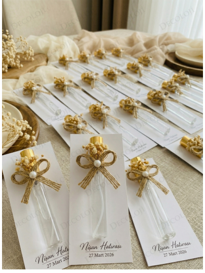 Nikah Şekeri - Jüt İp ve Kuru Çiçek Süslemeli Sprey Kapaklı Cam Şişe Şeffaf Kolonya & Kart Hediyelik