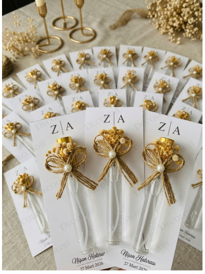 Nikah Şekeri - Jüt İp ve Kuru Çiçek Süslemeli Sprey Kapaklı Cam Şişe Şeffaf Kolonya & Kart Hediyelik