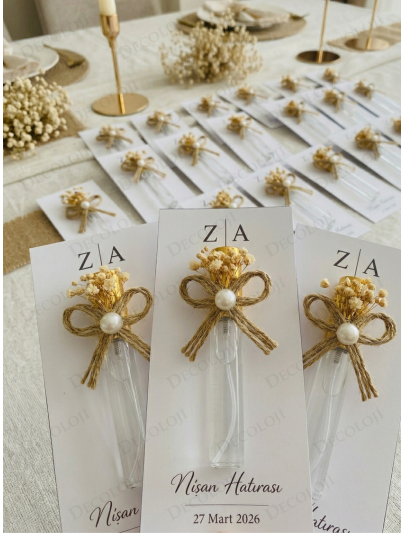 Nikah Şekeri - Jüt İp ve Kuru Çiçek Süslemeli Sprey Kapaklı Cam Şişe Şeffaf Kolonya & Kart Hediyelik