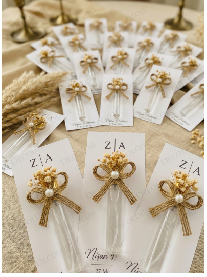 Nikah Şekeri - Jüt İp ve Kuru Çiçek Süslemeli Sprey Kapaklı Cam Şişe Şeffaf Kolonya & Kart Hediyelik