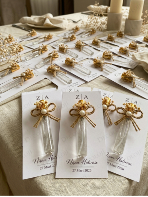 Jüt İp ve Kuru Çiçek Süslemeli Sprey Kapaklı Cam Şişe Şeffaf Kolonya & Kart Hediyelik