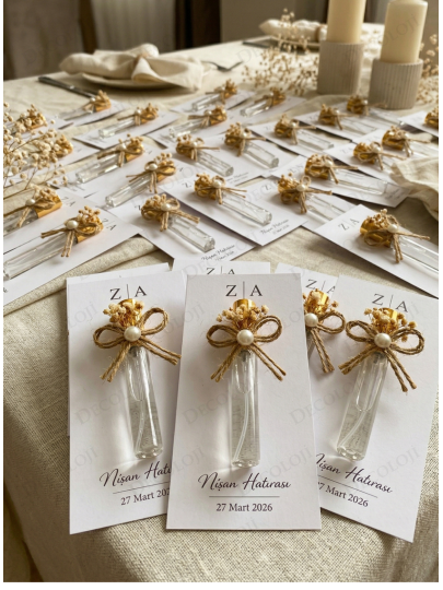 Nikah Şekeri - Jüt İp ve Kuru Çiçek Süslemeli Sprey Kapaklı Cam Şişe Şeffaf Kolonya & Kart Hediyelik