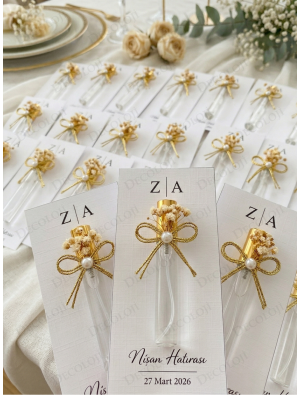 Metalik İp ve Kuru Çiçek Süslemeli Sprey Kapaklı Cam Şişe Şeffaf Kolonya & Kart Hediyelik