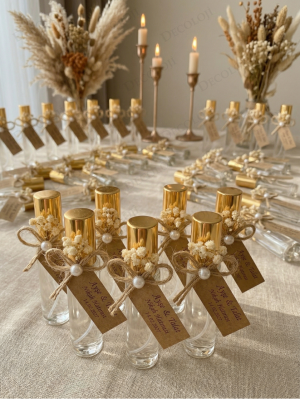 Jüt İp ve Kuru Çiçek Süslemeli Sprey Kapaklı Cam Şişe Şeffaf Kolonya Hediyelik